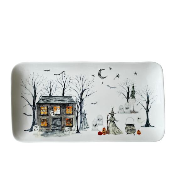 POTTER'S STUDIO Halloween Haunted House Serving Platter 7x14 Ceramic Spooky NEW - Picture 1 of 12